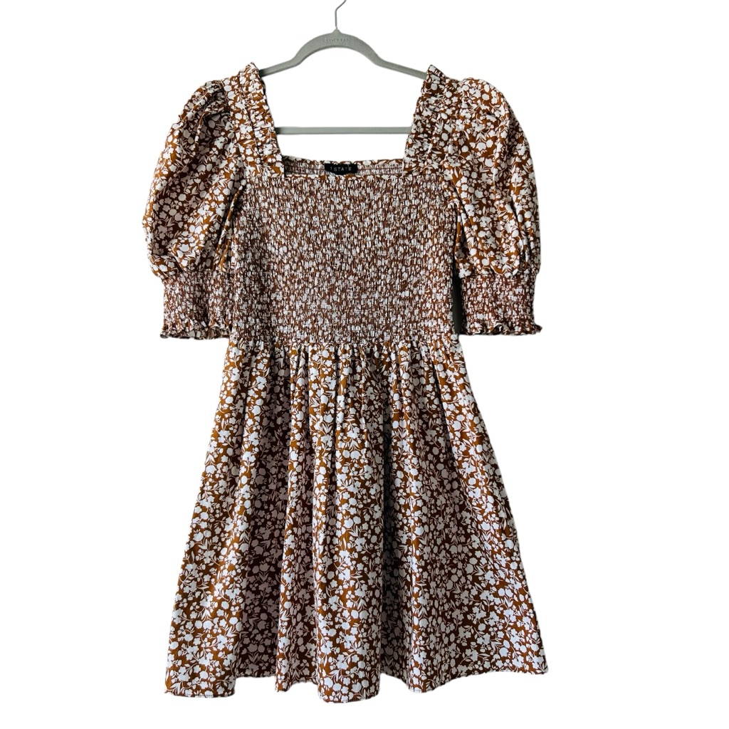 State Women’s Brown Ditsy Floral Puff Sleeve Peasant Minidress Sz S Cotton Beach
